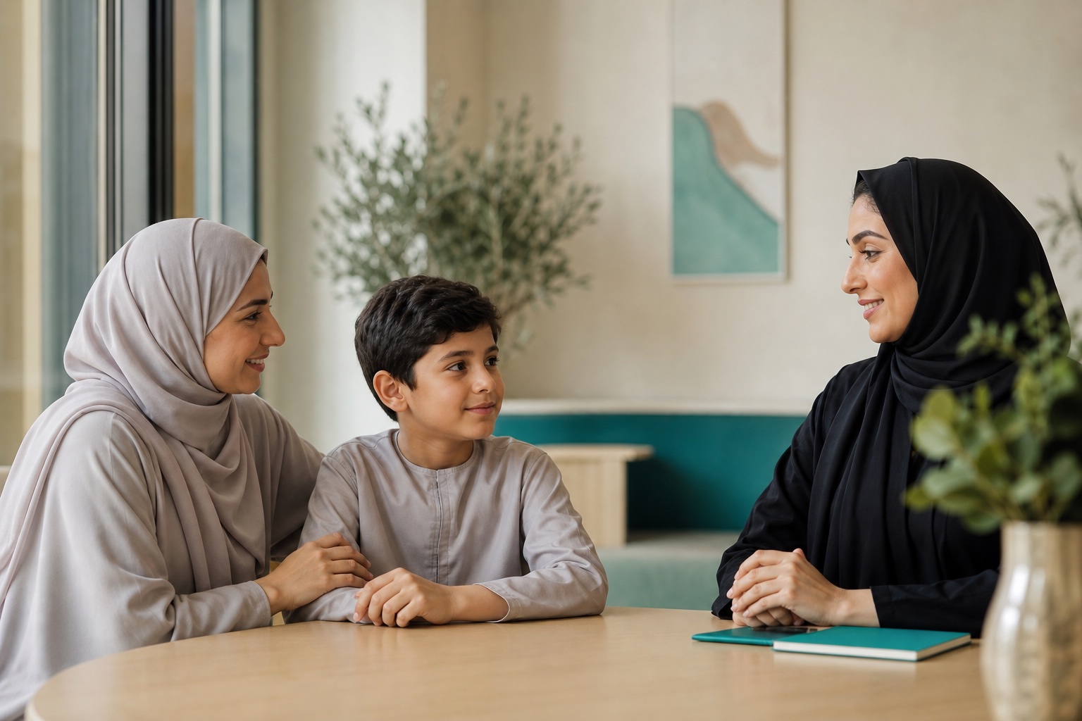 A family having a supportive conversation with a professional